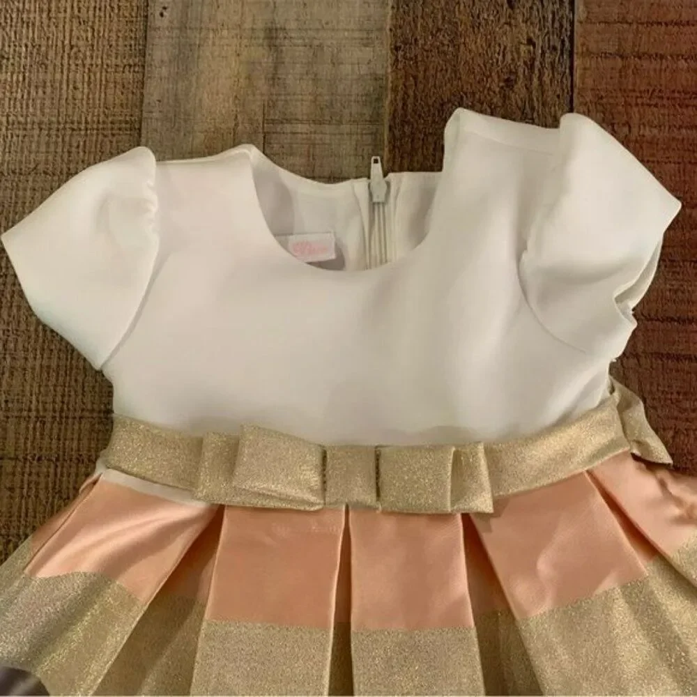 Bonnie baby girls white pink gray and gold dress -12M